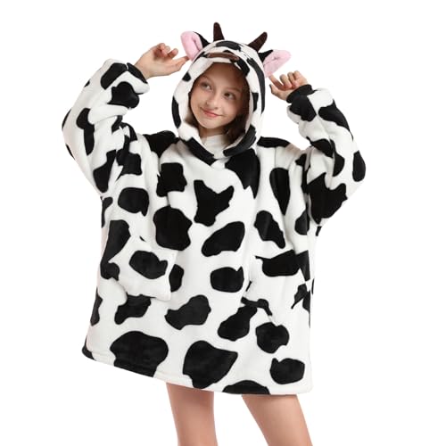 DESERT HOME Deserthome Wearable Blanket Hoodie for Kids 6-12YR Oversized Animal Hooded Blanket Super Soft Comfortable Warm Flannel Cow - Image 1