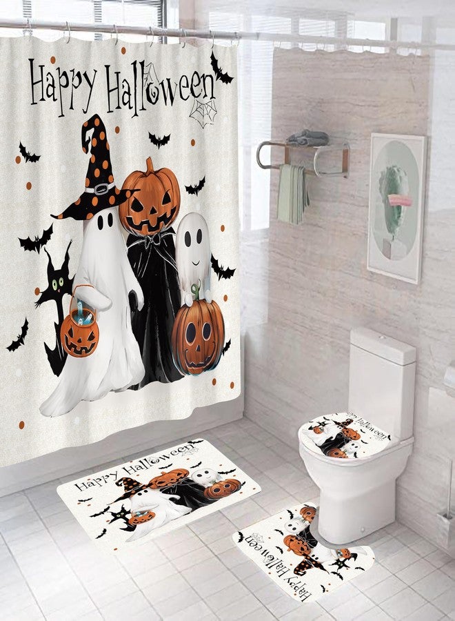 Apear1 4Pcs Halloween Shower Curtain Set Spooky Ghost Pumpkin Shower Curtain for Halloween Bathroom Decor with Anti-Slip Waterproof Bathtub Bathroom Rugs Toilet Lid Cover (Happy Halloween) - Image 1