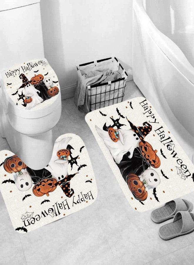 Apear1 4Pcs Halloween Shower Curtain Set Spooky Ghost Pumpkin Shower Curtain for Halloween Bathroom Decor with Anti-Slip Waterproof Bathtub Bathroom Rugs Toilet Lid Cover (Happy Halloween) - Image 4