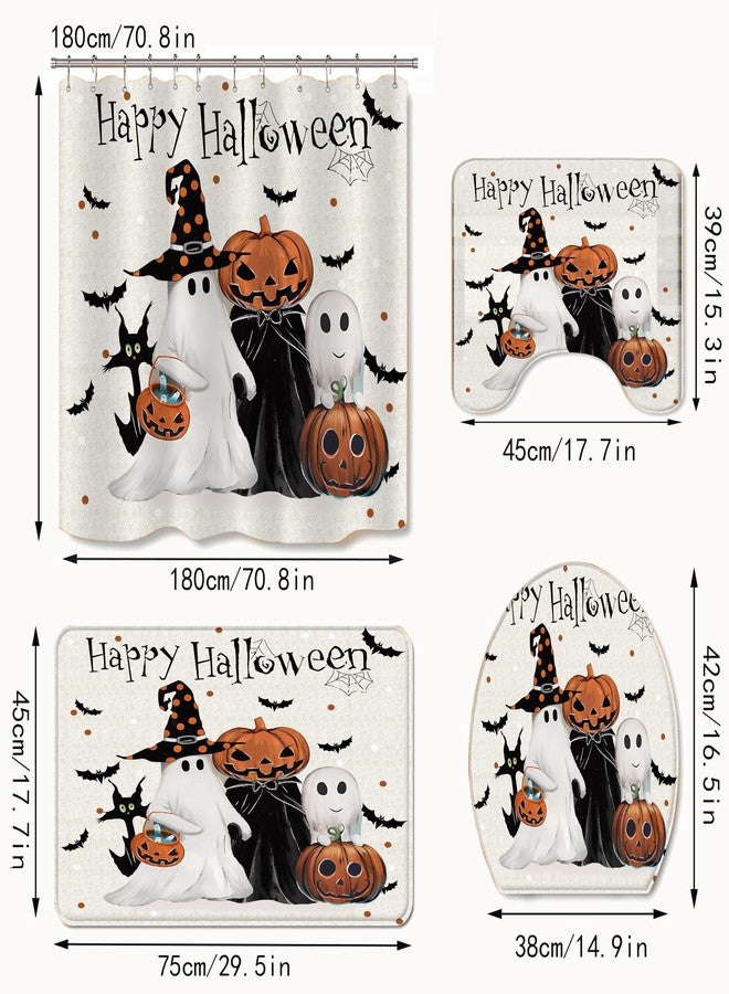 Apear1 4Pcs Halloween Shower Curtain Set Spooky Ghost Pumpkin Shower Curtain for Halloween Bathroom Decor with Anti-Slip Waterproof Bathtub Bathroom Rugs Toilet Lid Cover (Happy Halloween) - Image 2