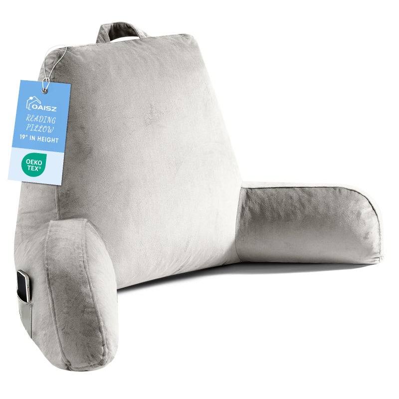 OAISZ Reading Pillow for Sitting in Bed Adult, Reading Pillow with Shredded Memory Foam, Bed Pillow with Washable Cover, Back Pillow Sitting Up with Extend Arms, Light Gery, X-Large - Image 1