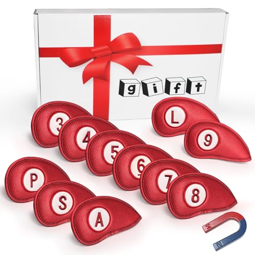FINGER TEN Golf Club Covers for Irons Magnetic Value 11 Pack, Synthetic Leather Deluxe Head Cover Set Headcovers for Irons Fit Main Iron Clubs (Red) - Image 1