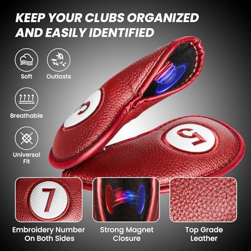 FINGER TEN Golf Club Covers for Irons Magnetic Value 11 Pack, Synthetic Leather Deluxe Head Cover Set Headcovers for Irons Fit Main Iron Clubs (Red) - Image 3