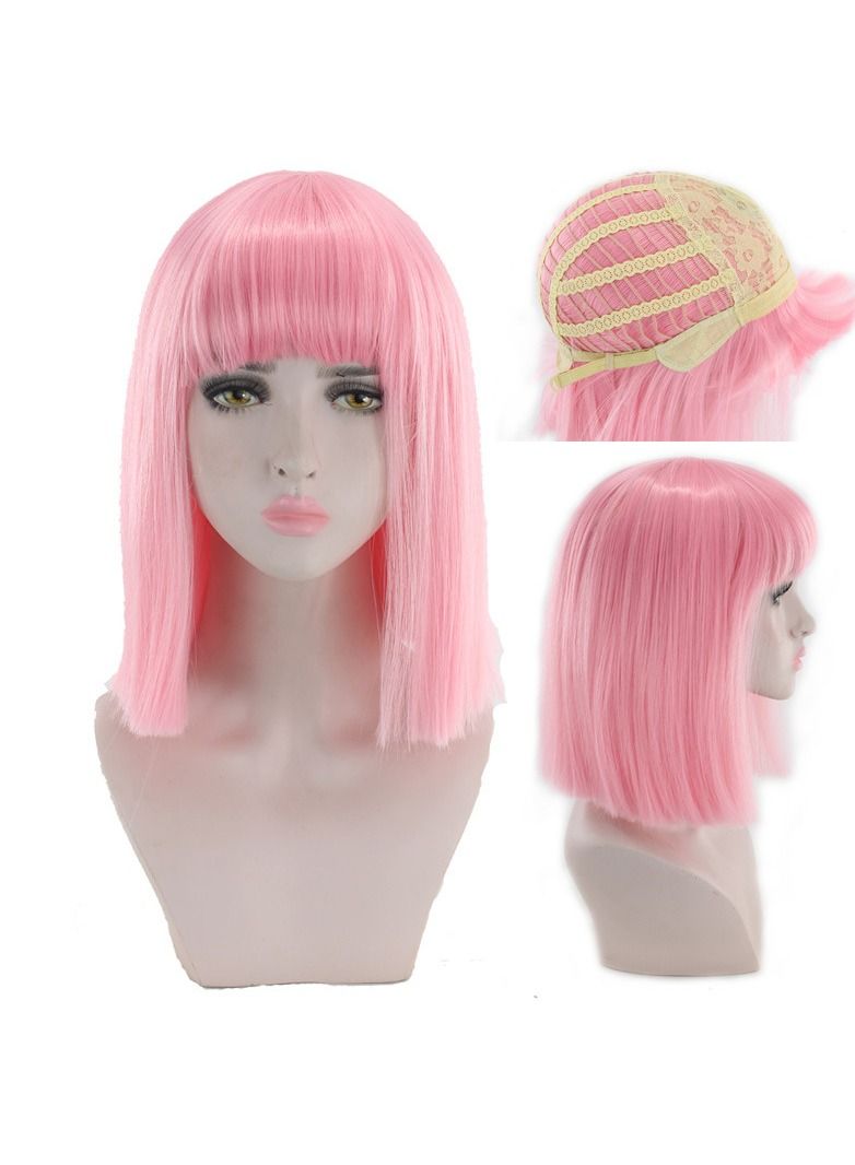 Estelle Eestelle 14" Women Straight Bob Wig Women Wigs with Bangs Synthetic Party Wigs multicolor (Pink) - Image 1