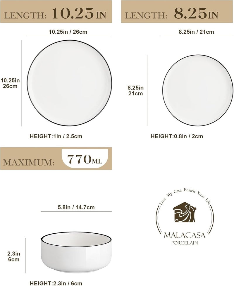 MALACASA Plates and Bowls Sets 18 Pieces Modern Porcelain Dinnerware Set for 6 White Kitchen Dinner Ware Set wtih Black Rim Ceramic Dishware Dishes Microwave and Dishwasher Safe Series LUNA - Image 2