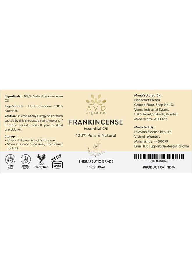 AVD Organics - AVD ORGANICS Frankincense Essential Oil 30ml - 100% Pure and Natural - Therapeutic Grade Essential Oil for Skin, Home Fragrance, 1fl. Oz - Image 1