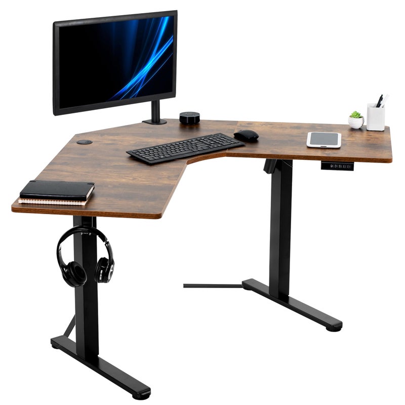 VIVO Electric Corner LShaped 47 x 47 in Standing Desk Memory Height Adjustment Rustic Vintage Brown Top Black Frame DESKE1L94N