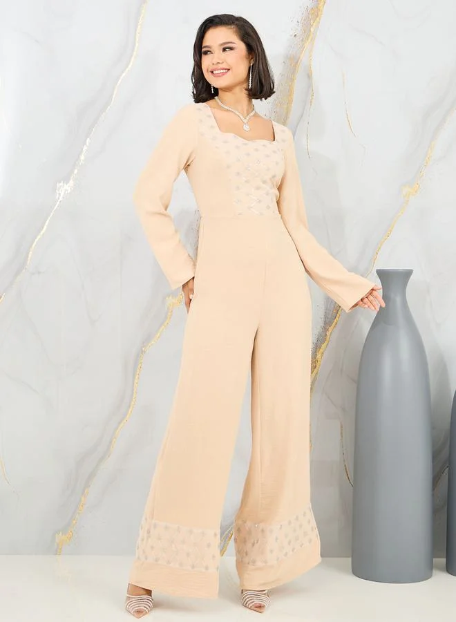 Styli Embellished Sweetheart Neck Wide Leg Jumpsuit