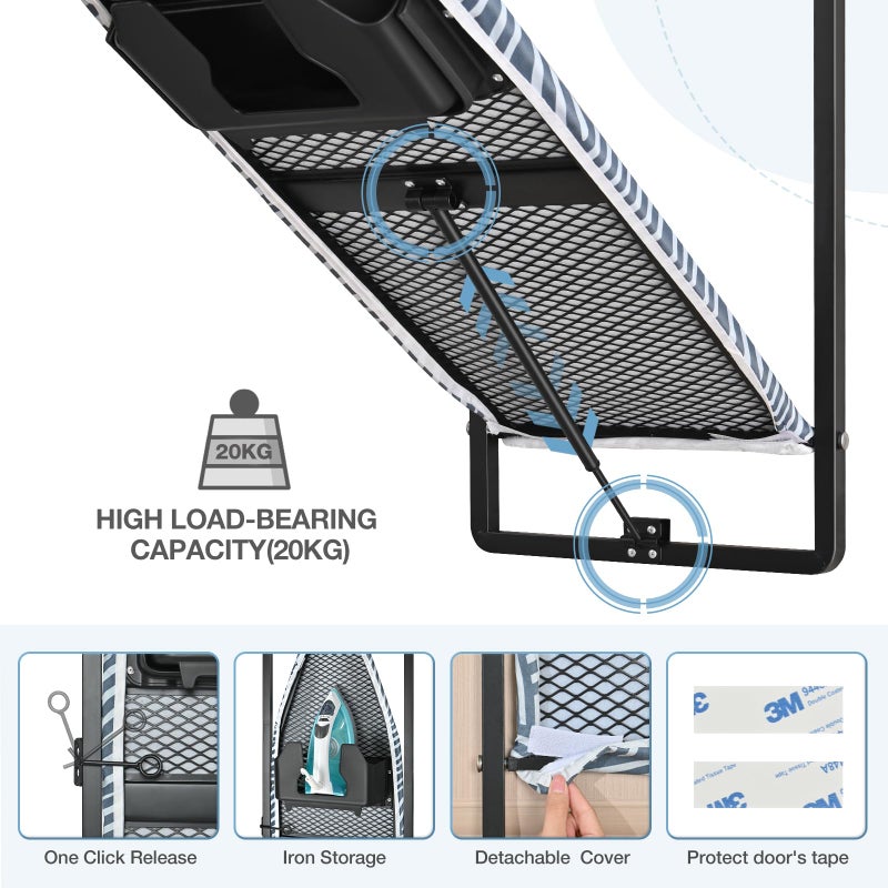KINGBOARD Over Door Ironing Board, Hanging Ironing Board with Iron Holder, 36" X 12" Compact Fold Down Iron Board for Small Spaces, Removable Heat Resistant Cover, Blue - Image 3
