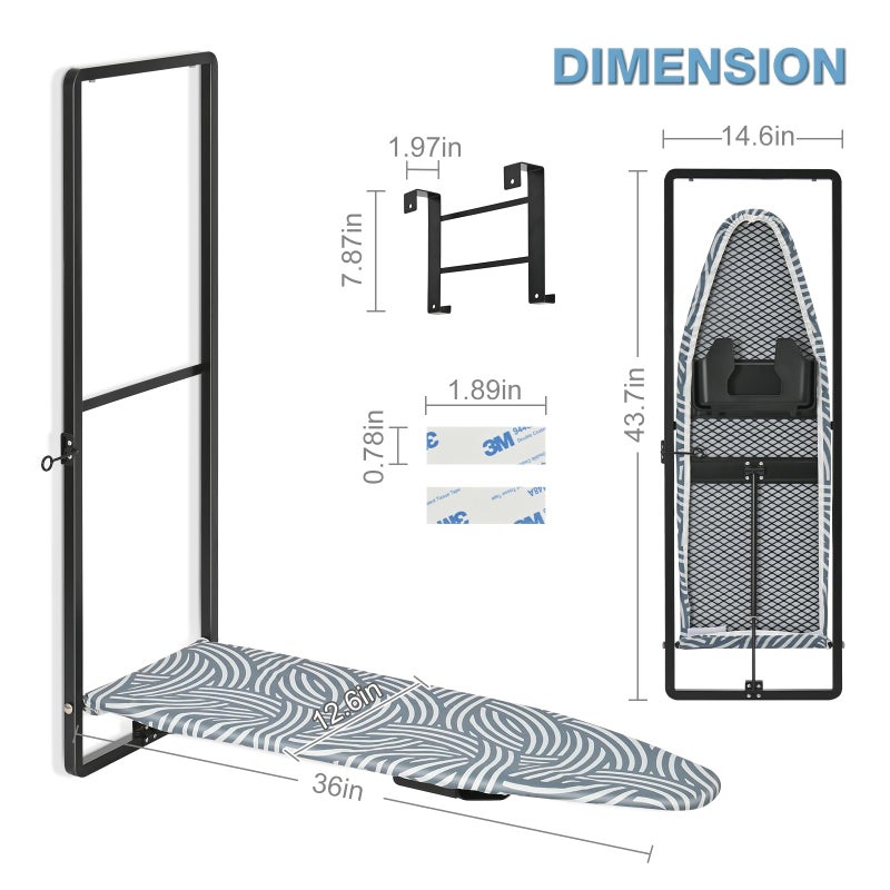 KINGBOARD Over Door Ironing Board, Hanging Ironing Board with Iron Holder, 36" X 12" Compact Fold Down Iron Board for Small Spaces, Removable Heat Resistant Cover, Blue - Image 2