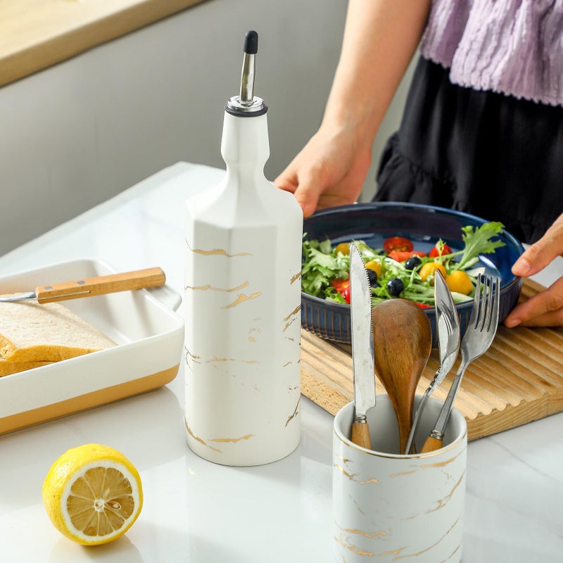 Howise Ceramic Olive Oil Dispenser Bottle, White Oil Dispenser Bottle for Kitchen, Large Capacity 26oz Oil and Vinegar Bottles Dispenser - Image 3