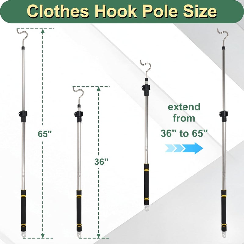 Frebuta Clothes Hanger Reaching Hook,37 to 65Inch Clothes Hook Pole Long Light Hanging Extension Adjustable Clothes Rod Assist Tool Sponge Handle Shutters Pole Ceiling Home Reacher Poles (65in) - Image 2