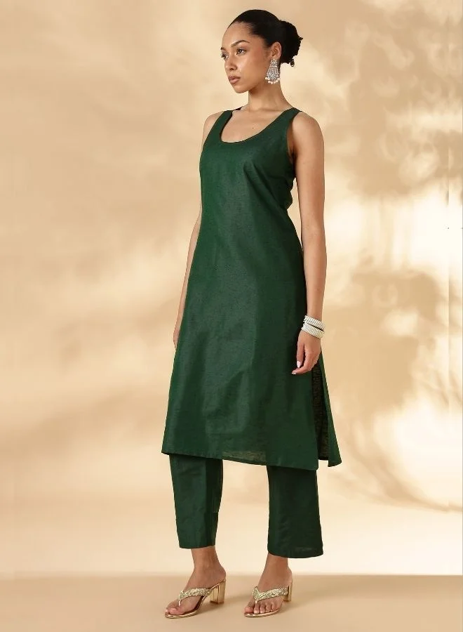 Abhishti  Solid Green Sleeveless Kurta Pant Set for Women | Best Price UAE