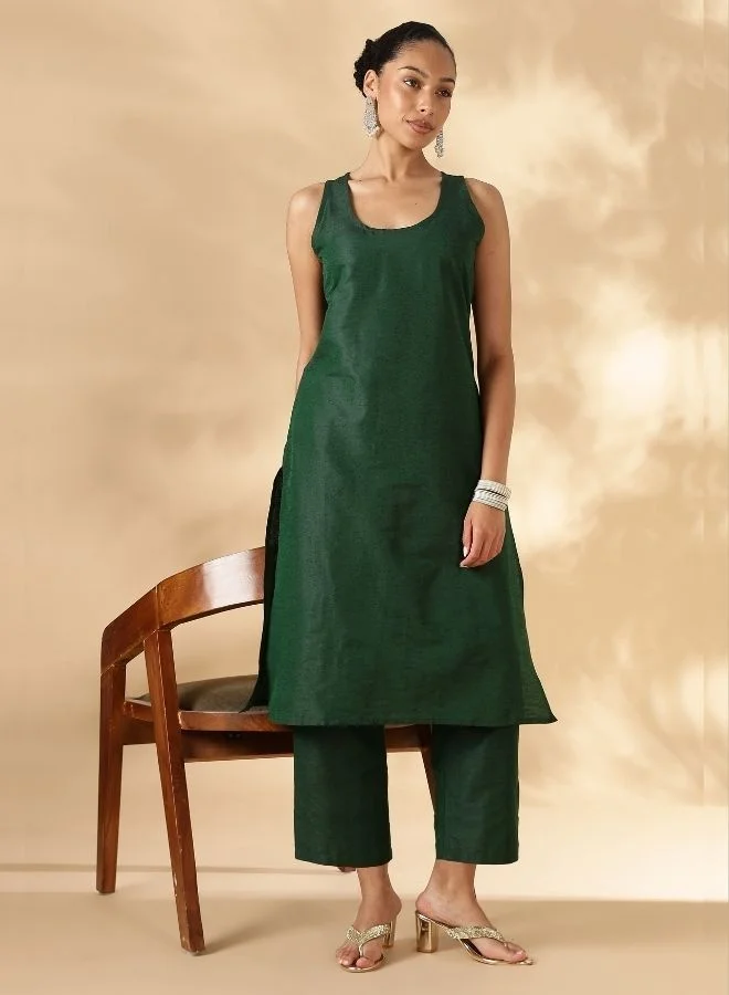 Abhishti  Solid Green Sleeveless Kurta Pant Set for Women | Best Price UAE