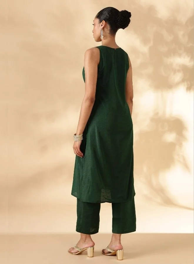 Abhishti  Solid Green Sleeveless Kurta Pant Set for Women | Best Price UAE