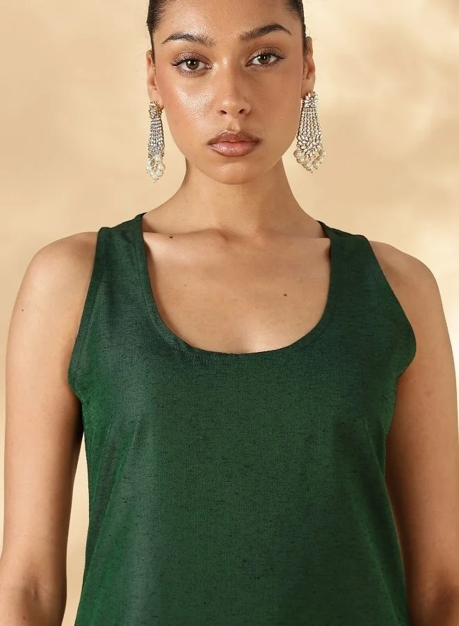 Abhishti Solid Green Sleeveless Kurta Pant Set