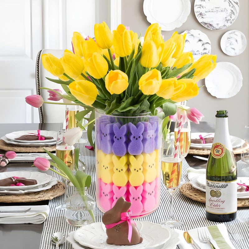 ORIENTAL CHERRY Easter Decorations - Easter Peeps Decor - 15 Artificial Tulips with 45 Bunnies Vase Filler Set, Spring Home Indoor Decoration Centerpieces for Tables - Image 5