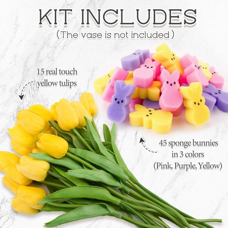 ORIENTAL CHERRY Easter Decorations - Easter Peeps Decor - 15 Artificial Tulips with 45 Bunnies Vase Filler Set, Spring Home Indoor Decoration Centerpieces for Tables - Image 2