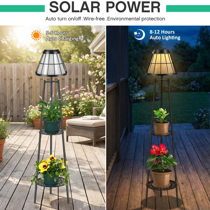 VISFLAIR 2 Pack 45.5'' Outdoor Floor Lamps with 2 Tier Plant Stand, Solar Powered Metal Waterproof Lights for Patio Deck Yard Garden Porch Decor - Image 2
