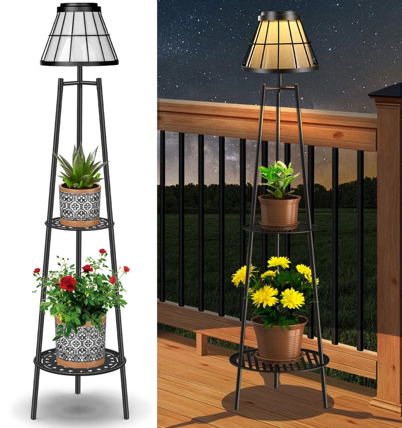 VISFLAIR 2 Pack 45.5'' Outdoor Floor Lamps with 2 Tier Plant Stand, Solar Powered Metal Waterproof Lights for Patio Deck Yard Garden Porch Decor - Image 1