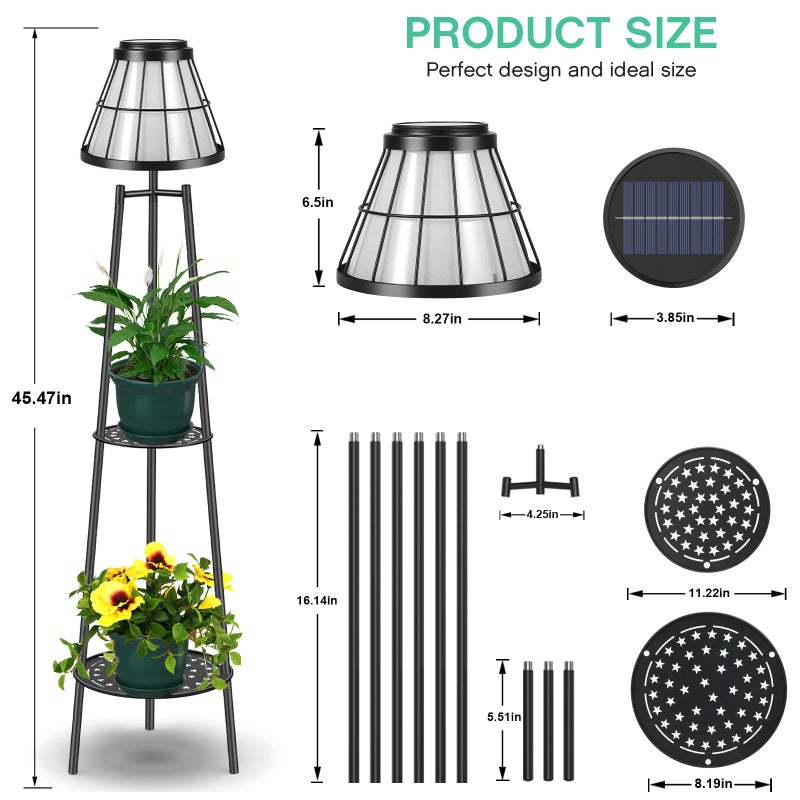 VISFLAIR 2 Pack 45.5'' Outdoor Floor Lamps with 2 Tier Plant Stand, Solar Powered Metal Waterproof Lights for Patio Deck Yard Garden Porch Decor - Image 3