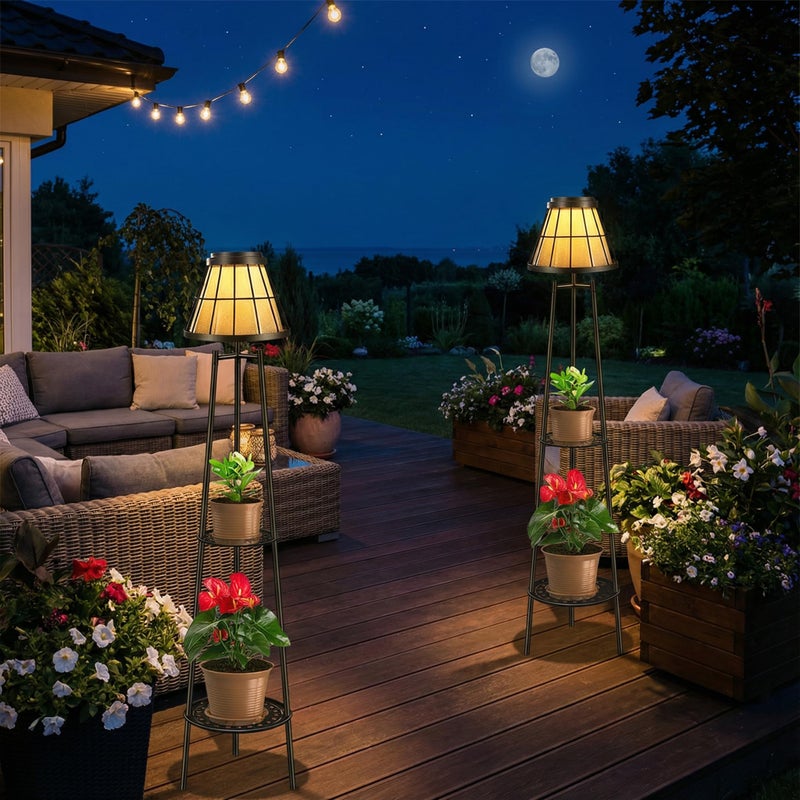 VISFLAIR 2 Pack 45.5'' Outdoor Floor Lamps with 2 Tier Plant Stand, Solar Powered Metal Waterproof Lights for Patio Deck Yard Garden Porch Decor - Image 5