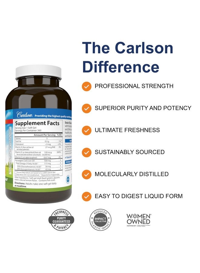 Carlson Carlson - Solar D Gems, Vitamin D3 and Omega-3 Supplement, 4000 IU (100 mcg) D3, 115 mg Omega-3 EPA and DHA, Vitamin D Fish Oil Capsule, Bone & Immune Health, Vitamin D Supplement, Lemon, 360 Softgels  - Image 2