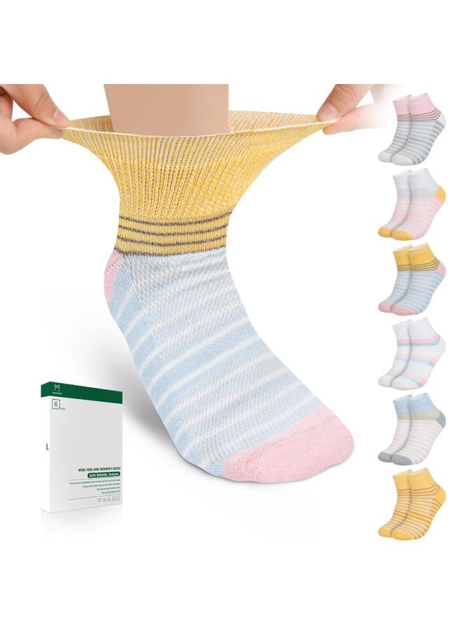 Bulinlulu Bamboo Viscose Diabetic Socks for Women&Men,6 Pairs Non Binding Diabetic Ankle Socks,Wide Socks Size 6-9 9-11, Pink Stripe/Light Blue Stripe/Blue Stripe/White Stripe a/White Stripe B/Yellow - Image 1
