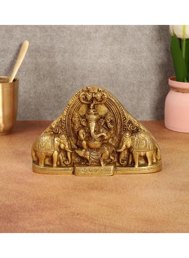 Two Moustaches Brass Gaja Ganesha Idol - Lord Ganesha with Elephants (Standard Size, Beige, Brown) - Image 4