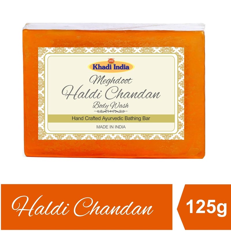 Meghdoot Haldi Chandan Body Wash Soap handmade ayurvedic bathing bar with turmeric and sandalwood extracts natural skin moisturizing herbal soap for glowing clear skin 125gm Pack of 4 - Image 2