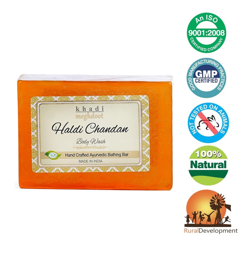 Meghdoot Haldi Chandan Body Wash Soap handmade ayurvedic bathing bar with turmeric and sandalwood extracts natural skin moisturizing herbal soap for glowing clear skin 125gm Pack of 4 - Image 4