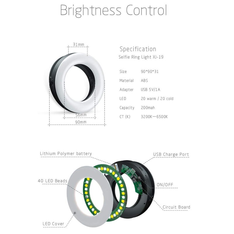 XINBAOHONG Selfie Ring Light Rechargeable Portable Clip-on Selfie Fill Light with 40 LED for Smart Phone Photography, Camera Video, Girl Makes up - Image 3