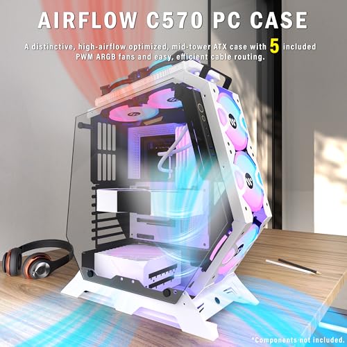 KEDIERS PC Case C570 ATX Mid Tower Tempered Glass Gaming Computer Open Frame Case with 5 PWM ARGB Fans (White C570) - Image 2