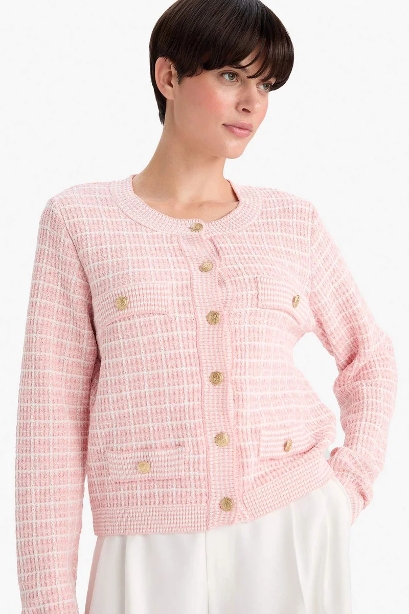 ديفاكتو Regular Fit Crew Neck Plaid Knitwear Cardigan