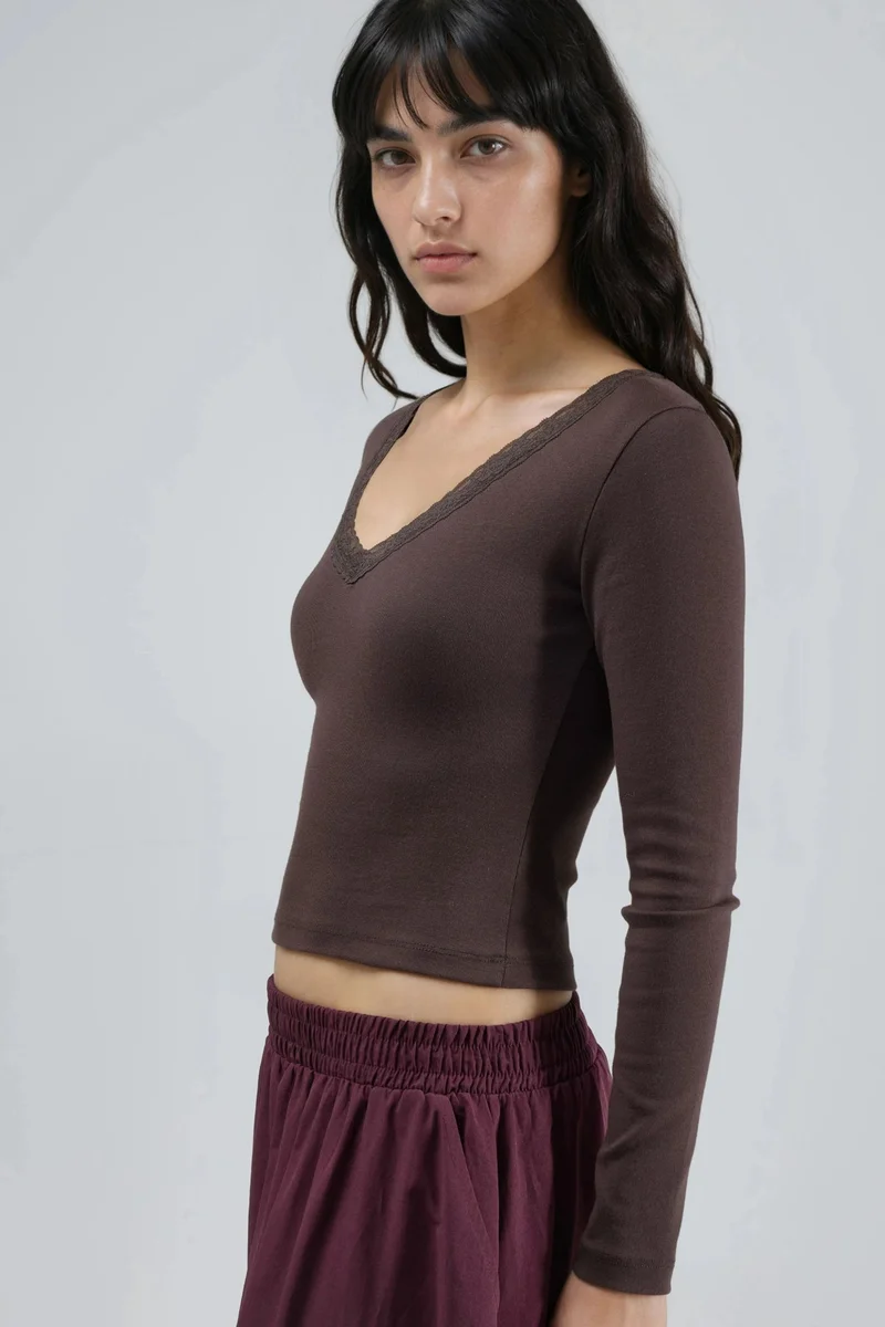 بوسيم BUSEM Slim Fit V-Neck Blouse with Lace Detail