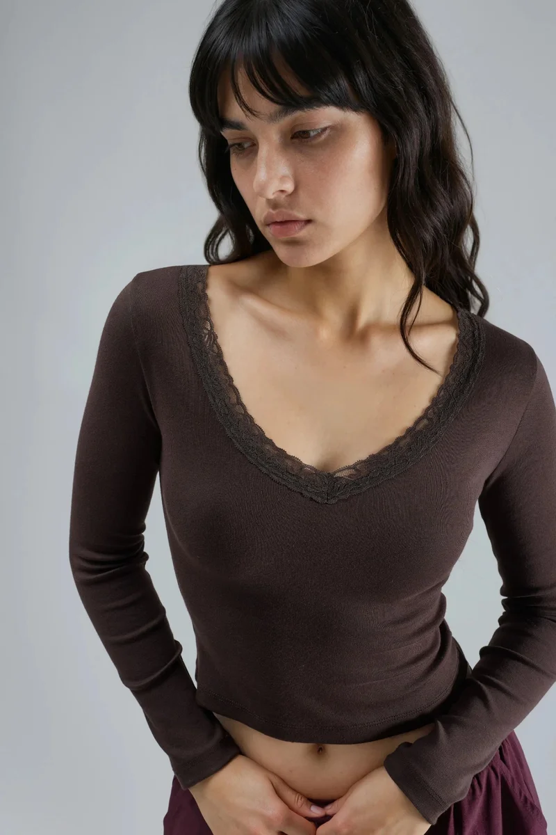 بوسيم BUSEM Slim Fit V-Neck Blouse with Lace Detail