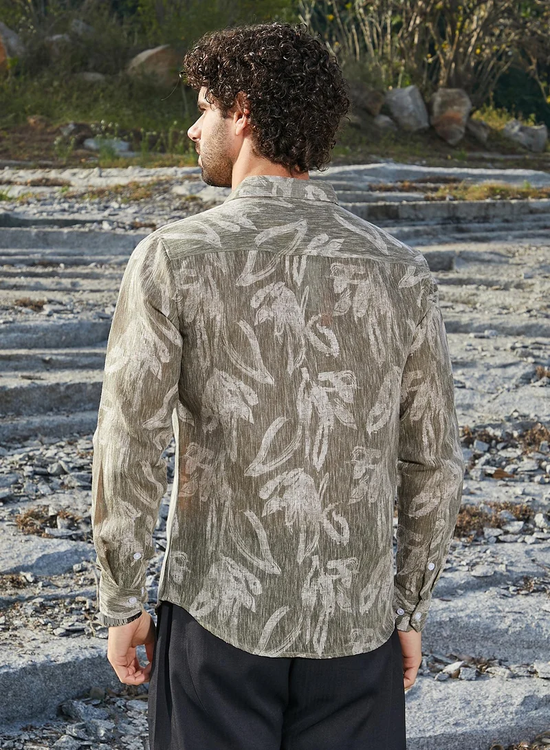 Campus Sutra Men's Olive Green Stroked-Petals Shirt