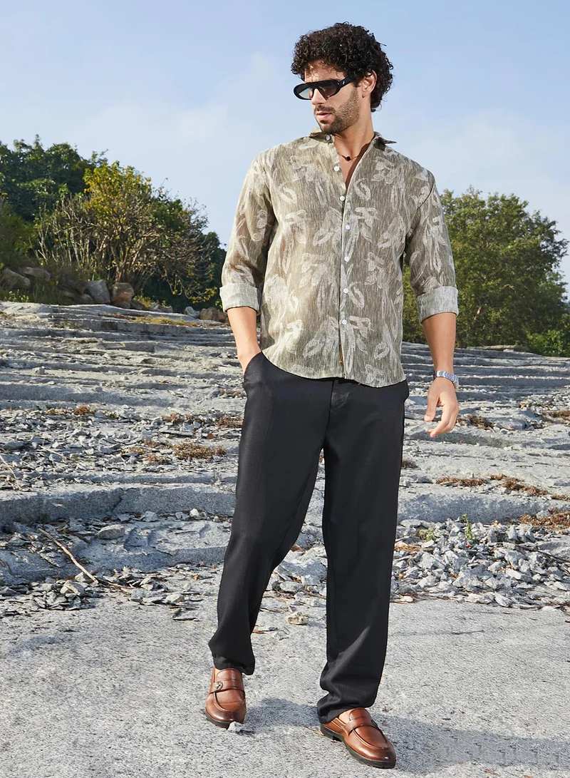 Campus Sutra Men's Olive Green Stroked-Petals Shirt