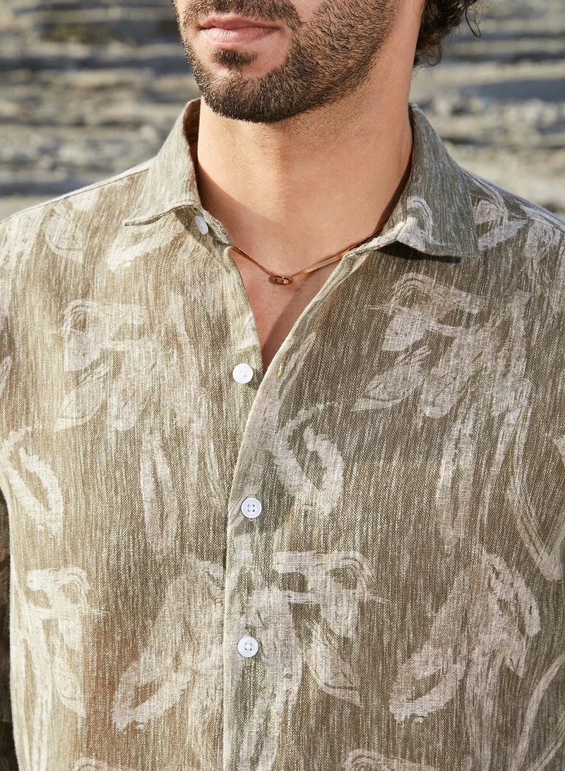 Campus Sutra Men's Olive Green Stroked-Petals Shirt