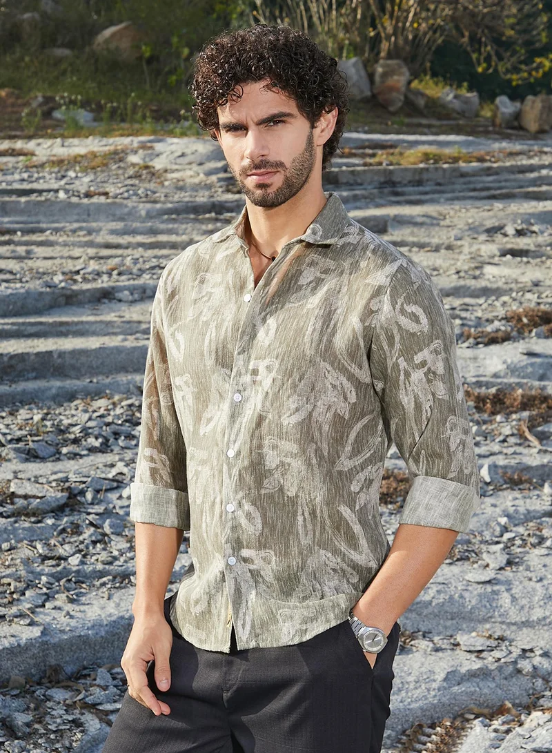 Campus Sutra Men's Olive Green Stroked-Petals Shirt