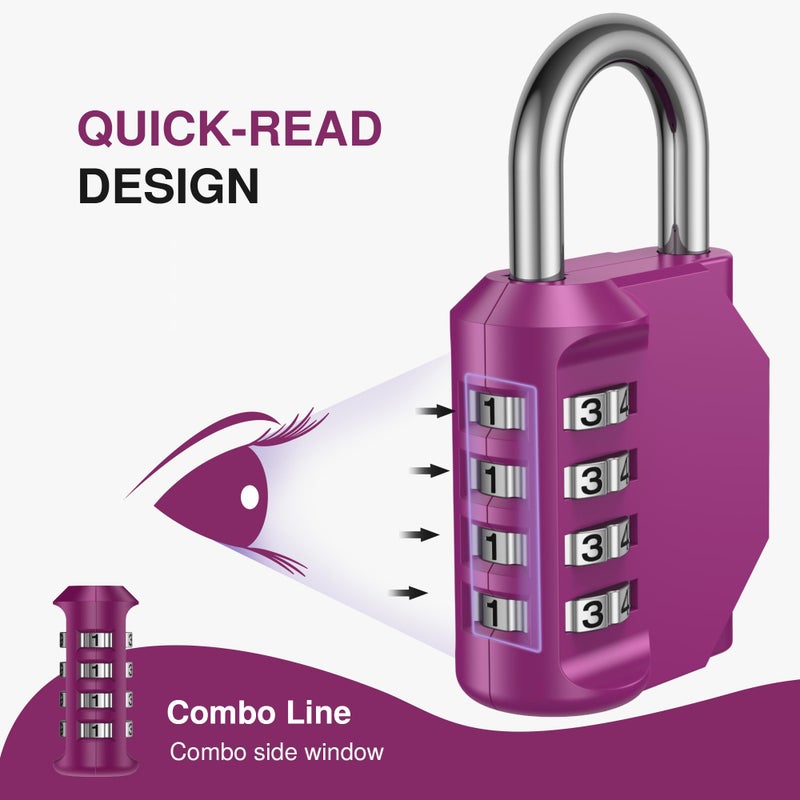 Puroma 1 Pack Combination Lock for Locker 4 Digit Outdoor Waterproof Padlock for School, Gym, Sports, Fence, Toolbox, Gate, Case, Outdoor, Hasp Storage, Cabinets (Red-Violet) - Image 3