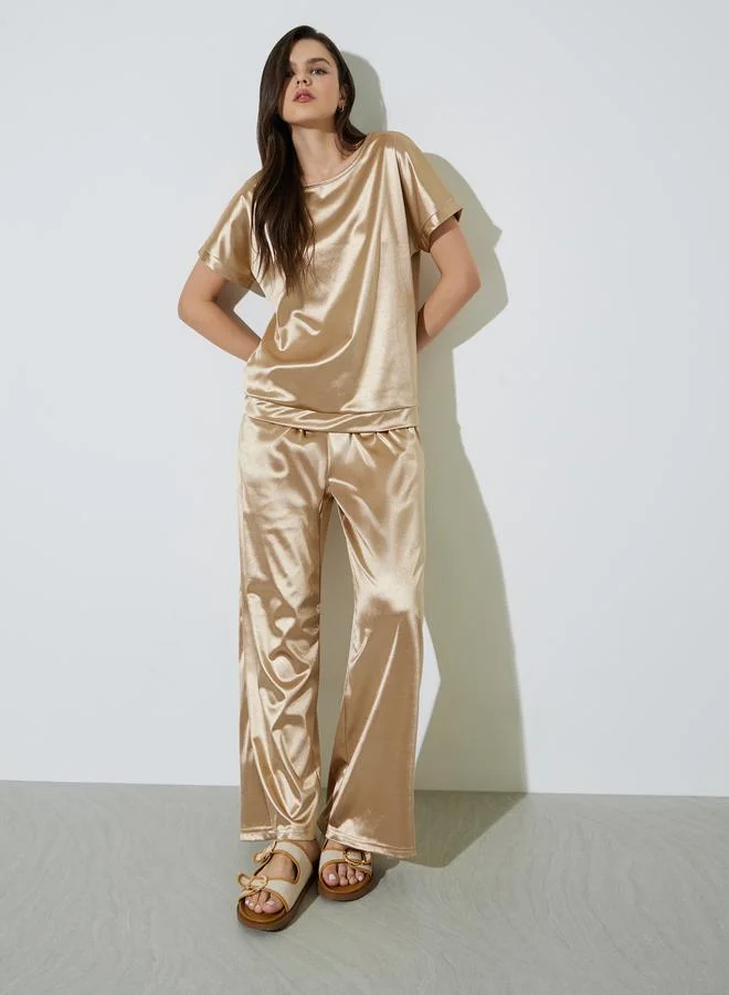 تايك تو Gold Satin Top And Pants Co-Ord Set