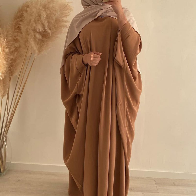 IKADEX Muslim Dress for Women Pakistani Kaftan Abaya Robe + Hijab Arabic Islamic Prayer Clothes Dubai Outfits Khaki Set - Image 3
