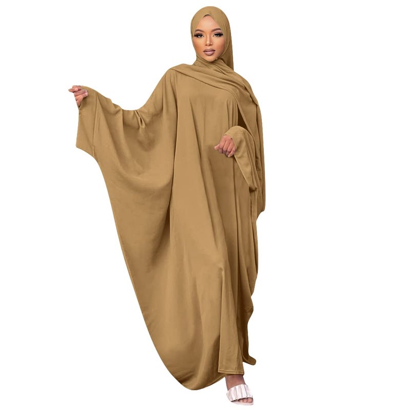 IKADEX Muslim Dress for Women Pakistani Kaftan Abaya Robe + Hijab Arabic Islamic Prayer Clothes Dubai Outfits Khaki Set - Image 1