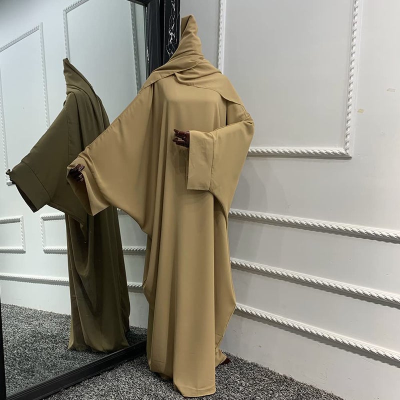 IKADEX Muslim Dress for Women Pakistani Kaftan Abaya Robe + Hijab Arabic Islamic Prayer Clothes Dubai Outfits Khaki Set - Image 4