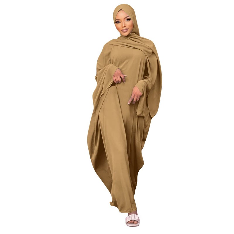 IKADEX Muslim Dress for Women Pakistani Kaftan Abaya Robe + Hijab Arabic Islamic Prayer Clothes Dubai Outfits Khaki Set - Image 2