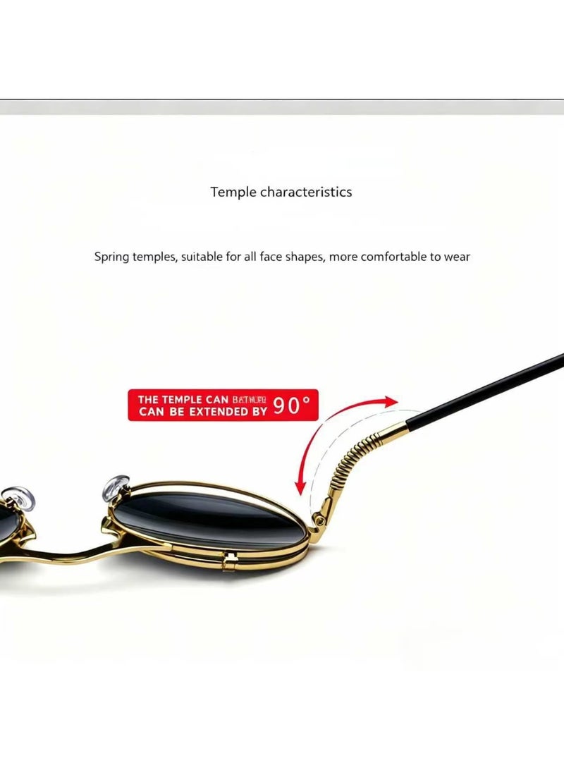 Vintage metal round flip-up sunglasses, suitable for both men and women, UV400 protective sports sunglasses, with spring hinge design, suitable for driving and fishing - Image 3