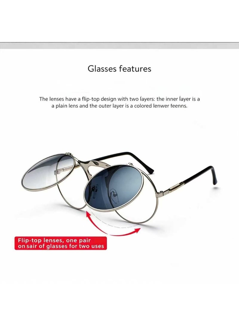 Vintage metal round flip-up sunglasses, suitable for both men and women, UV400 protective sports sunglasses, with spring hinge design, suitable for driving and fishing - Image 5