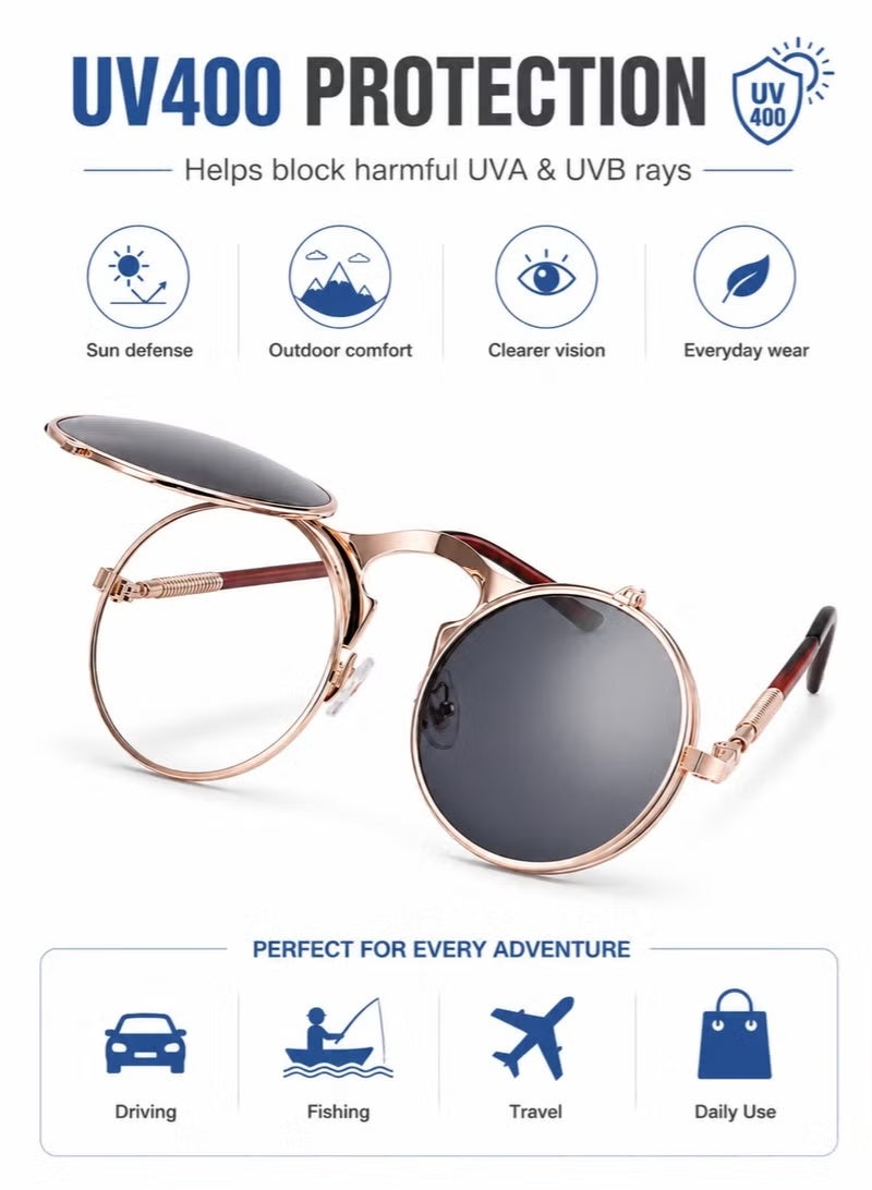 Vintage metal round flip-up sunglasses, suitable for both men and women, UV400 protective sports sunglasses, with spring hinge design, suitable for driving and fishing - Image 4