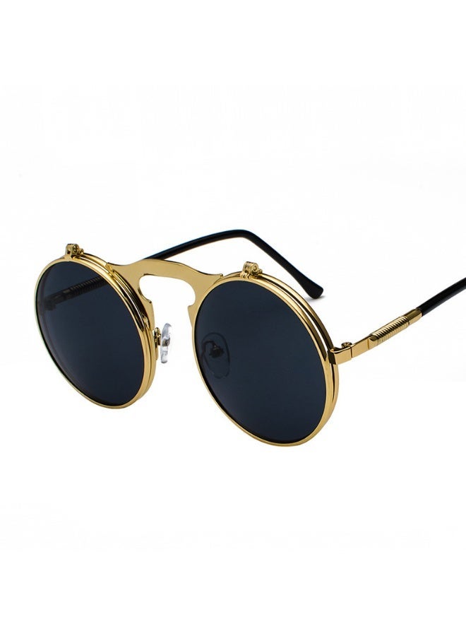 Vintage metal round flip-up sunglasses, suitable for both men and women, UV400 protective sports sunglasses, with spring hinge design, suitable for driving and fishing - Image 1
